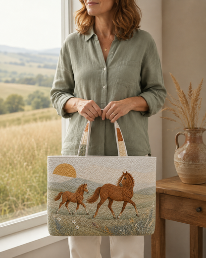 Woman holding the Horse Sunrise Meadow quilted tote indoors beside a window
