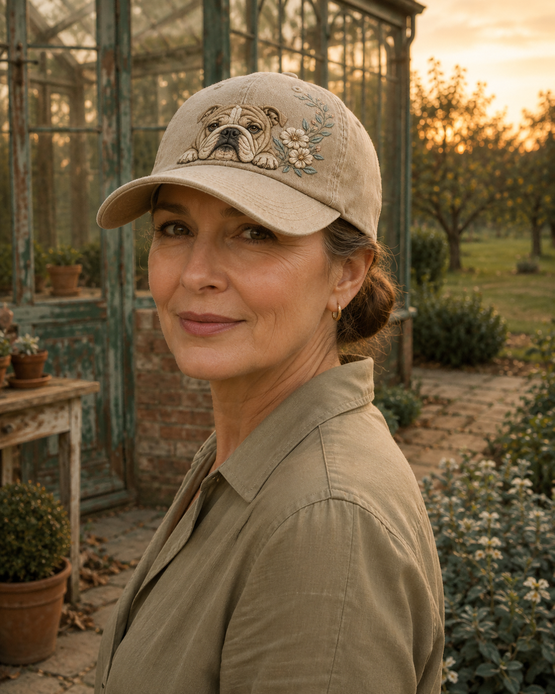 English Bulldog White Blossom Peek Embroidered Washed Cap