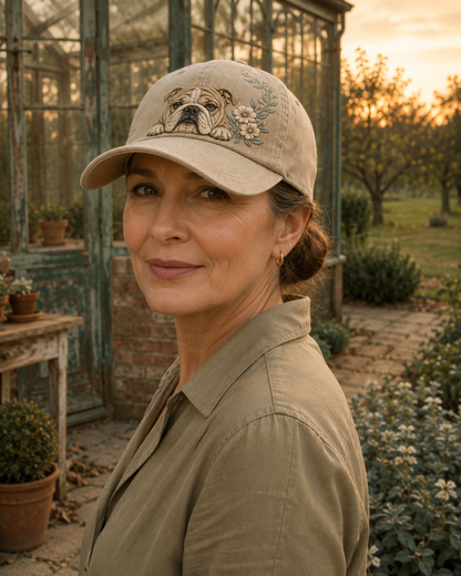 English Bulldog White Blossom Peek Embroidered Washed Cap