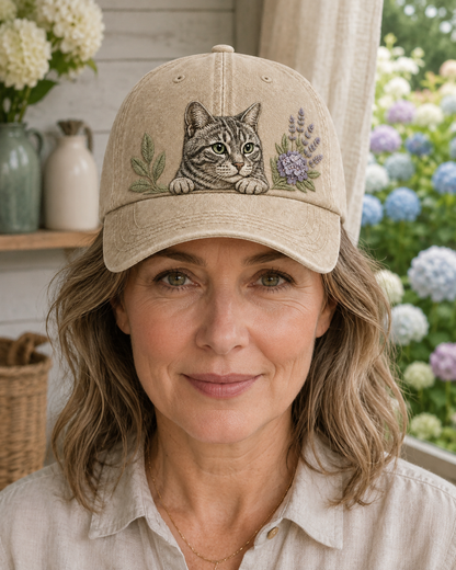 Cat Garden Peek Embroidered Washed Cap