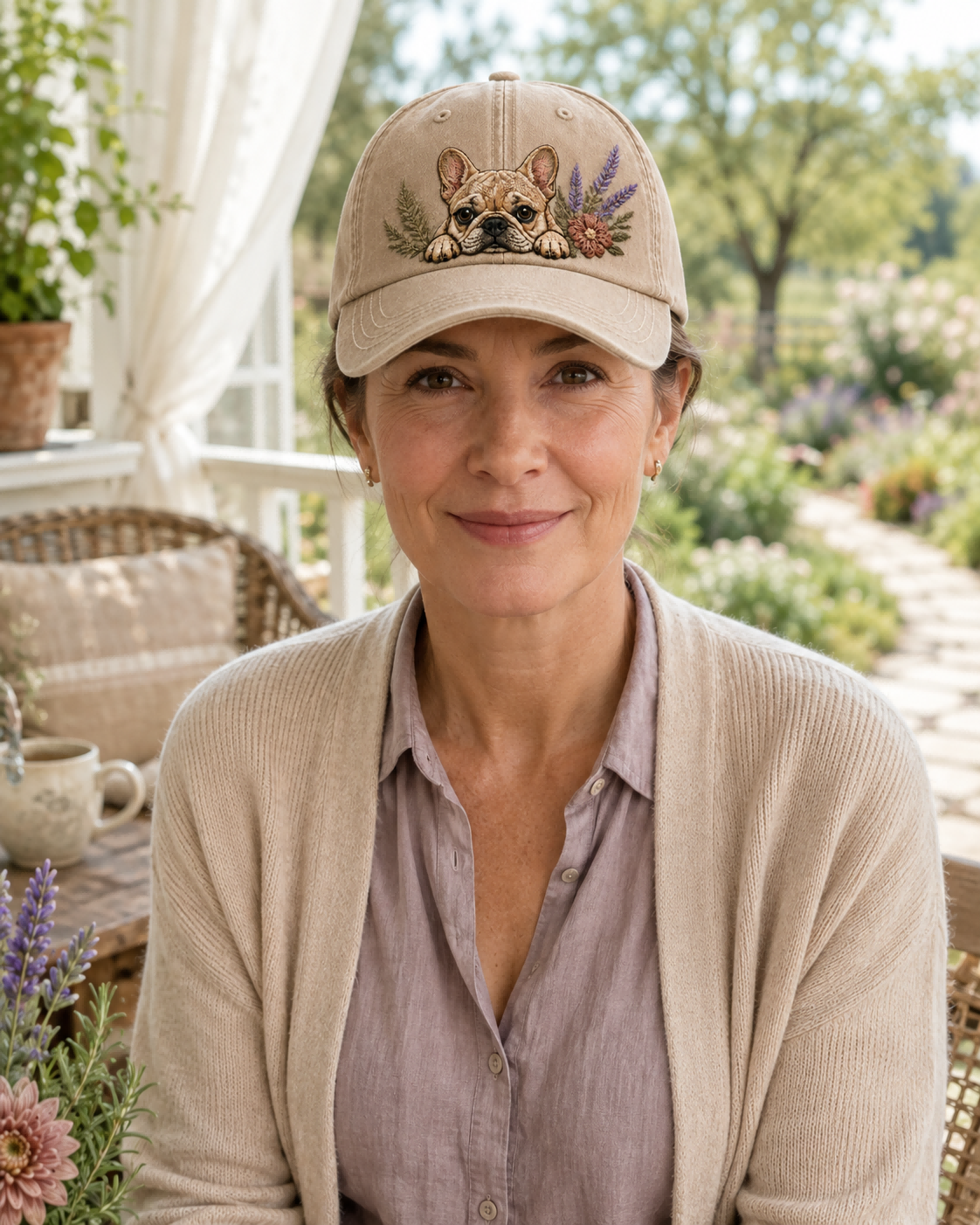 French Bulldog Lavender Peek Embroidered Washed Cap