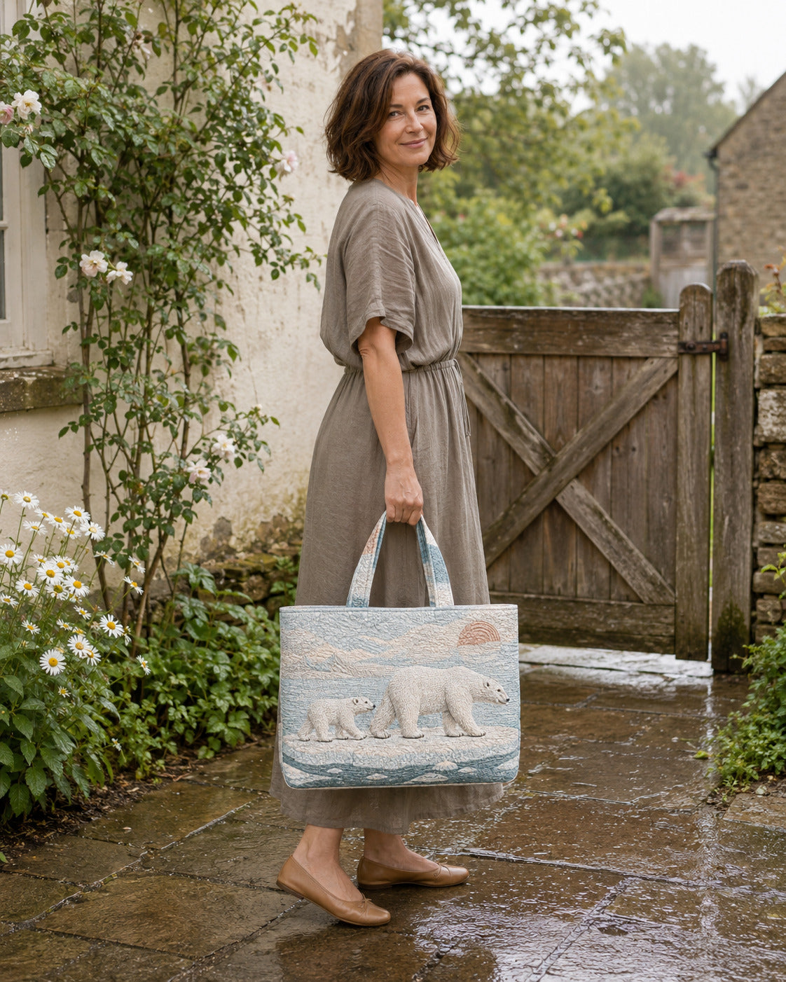Woman carrying the Polar Bear Arctic Passage quilted tote on a stone garden path