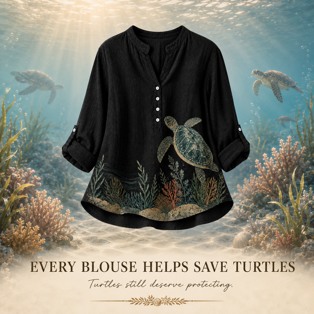 Women's Sea Turtle Coral Garden Summer Blouse black sea turtle artwork