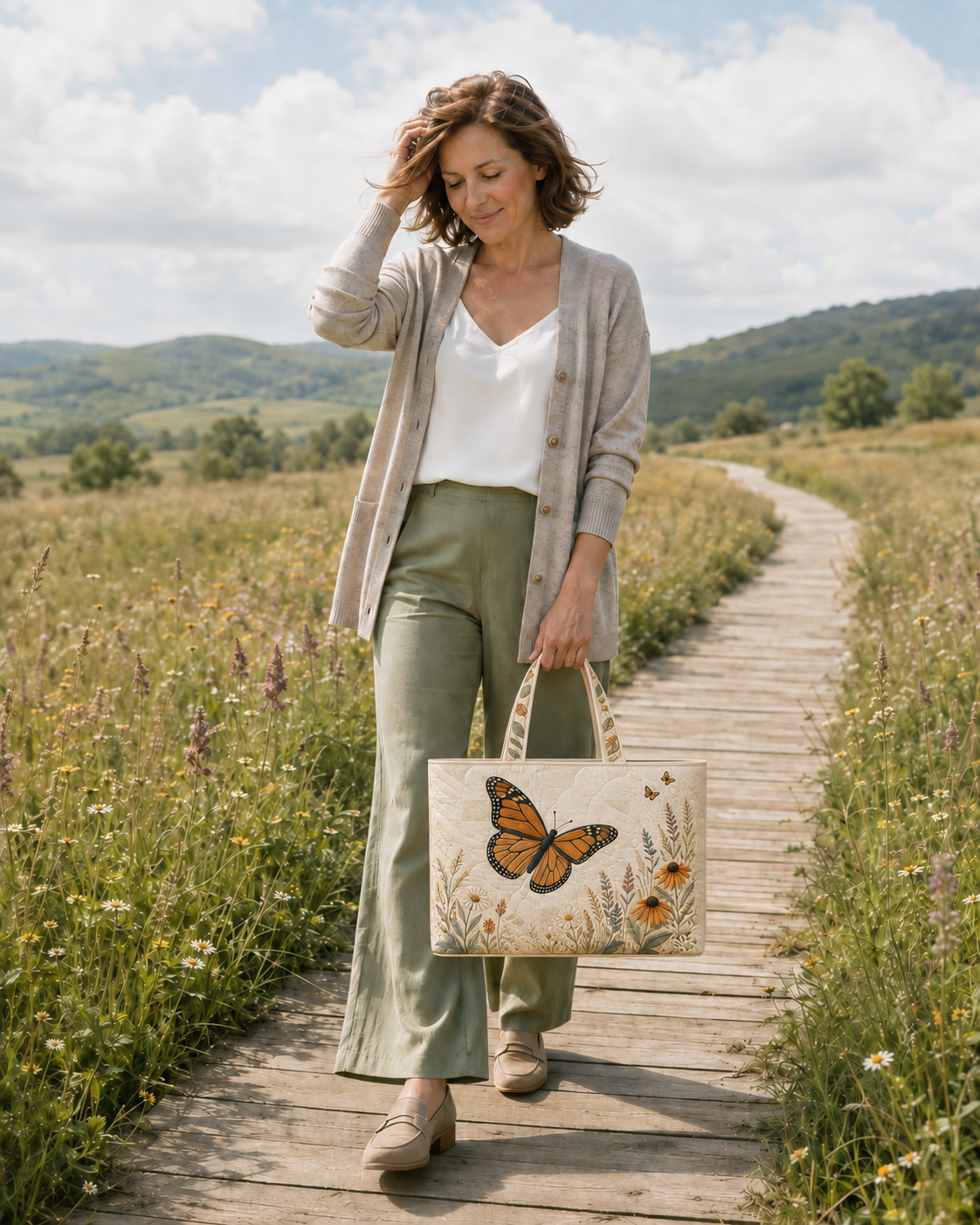 Woman carrying the Monarch Butterfly Meadow Arc quilted tote on a countryside boardwalk