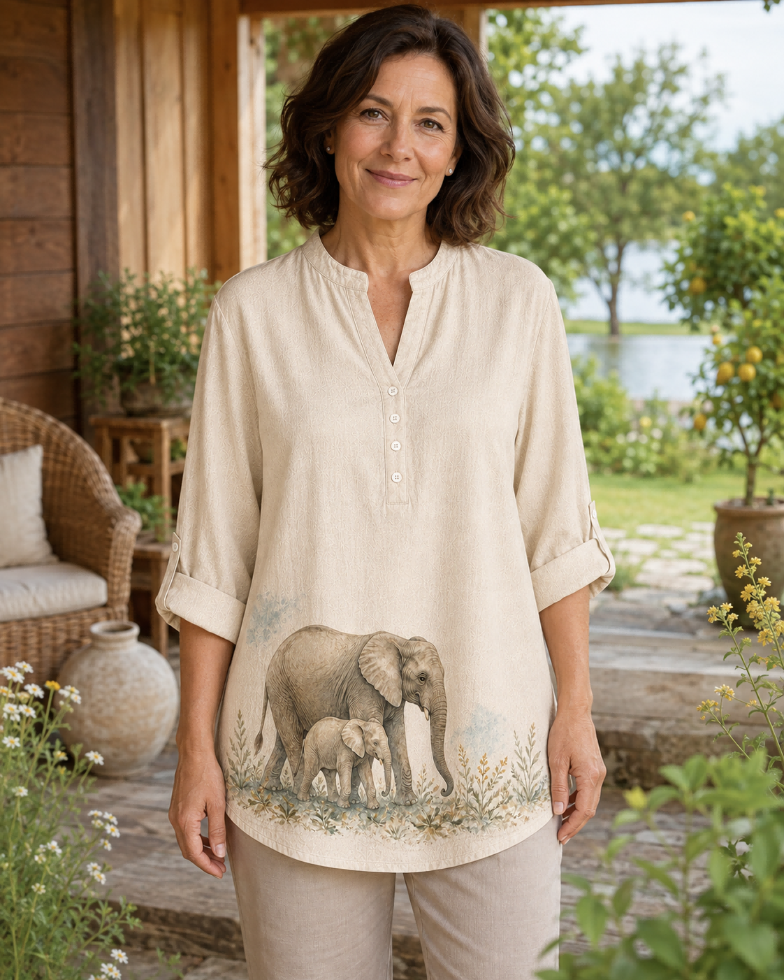 Women's Elephant Botanical Matriarch Summer Blouse lifestyle image 2