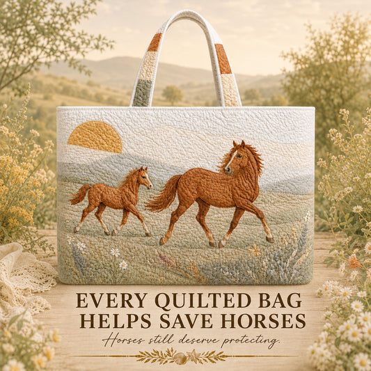 Horse Sunrise Meadow quilted tote with a mare and foal design displayed outdoors